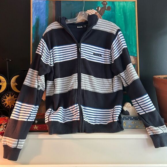 Bench Men's Blue and Gray Striped Zip-Up Fleece Lined Sweater Size XL - Picture 1 of 16